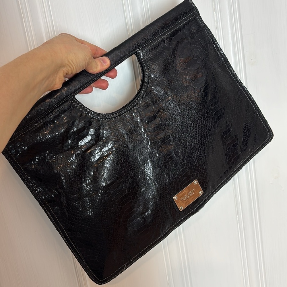 NINE WEST Black Shiny Faux Snakeskin Clutch